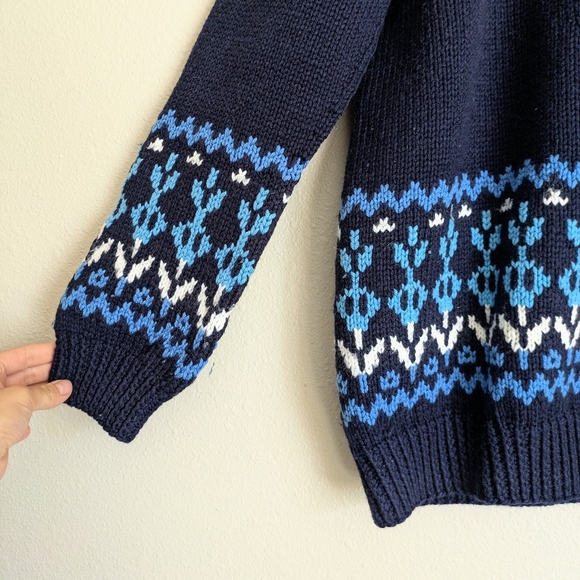 Vintage Handmade Sweater Dark Blue Pattern High Neck Men's Women's Size XL - Picture 3 of 9